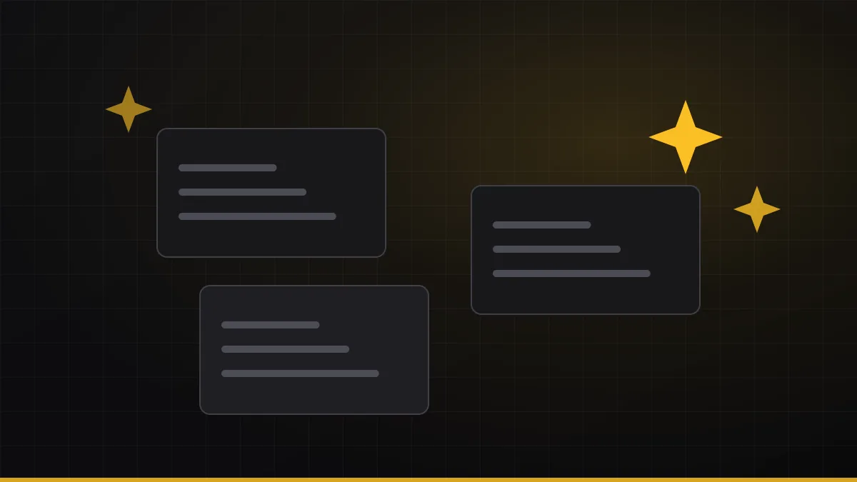 Product changelog cards with sparkle icons stacked over an abstract dark interface background