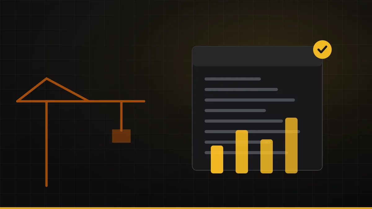 Ledger sheet and rising cost bars over a construction site silhouette, showing scattered job costs coming together