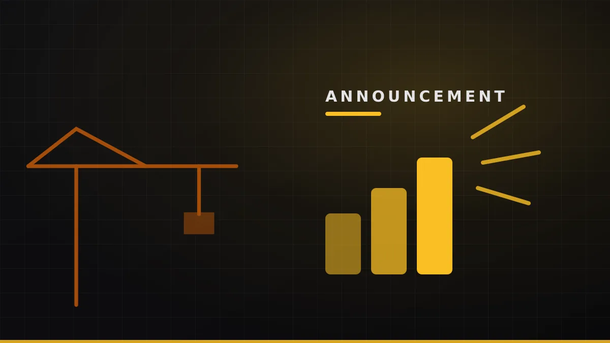 Sledge announcement graphic with a construction crane silhouette and rising project volume bars in Sledge amber
